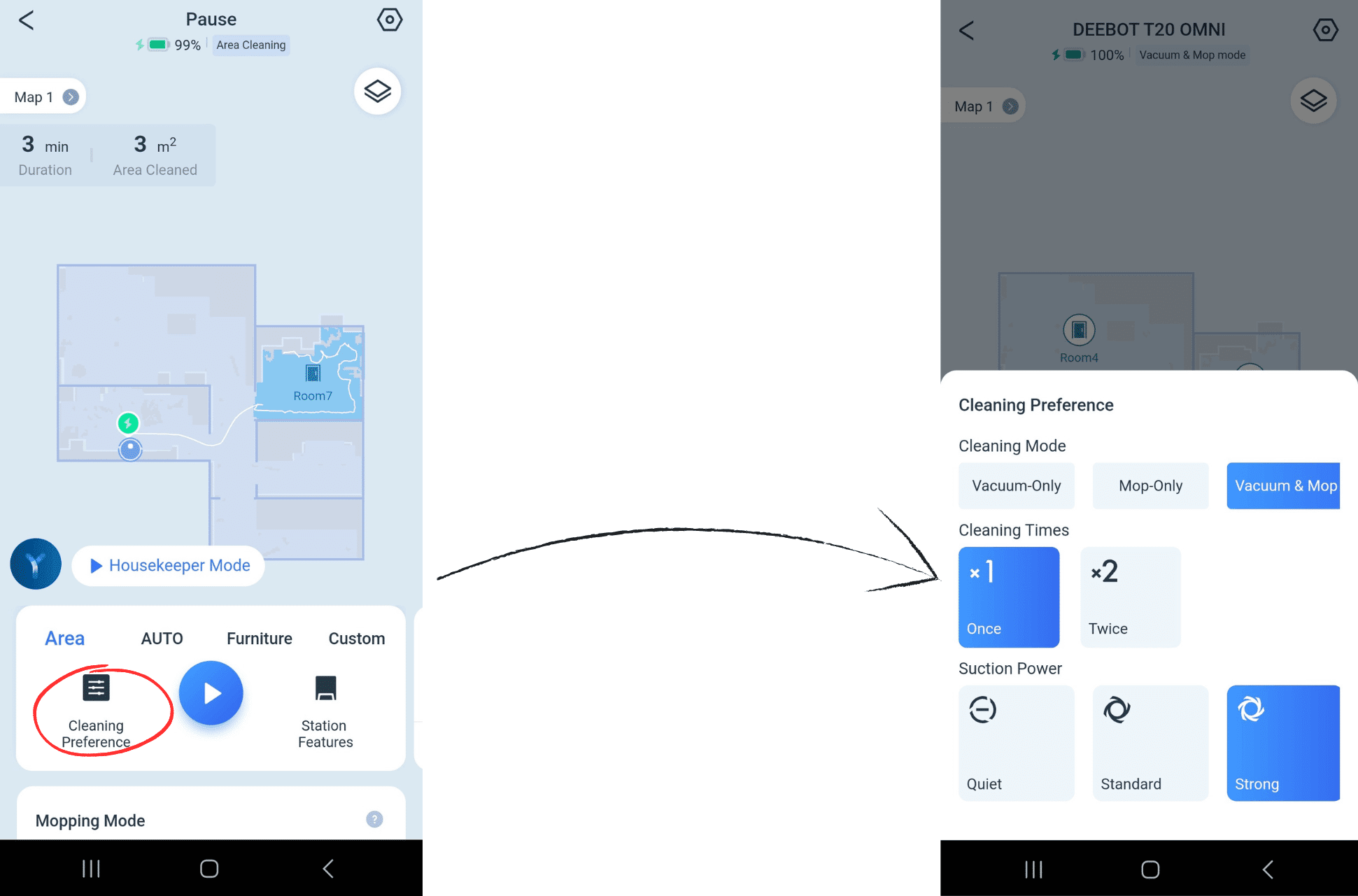 Die Saugkraft wird in der ECOVACS DEEBOT T20 OMNI Handy-App eingestellt.